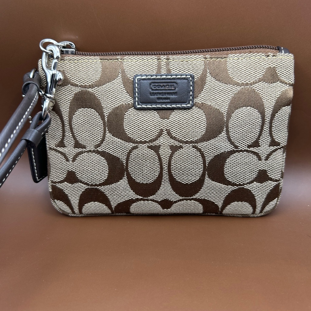 Coach Signature Khaki & Brown Wristlet 4”X 6” Like New Condition (Never Used)